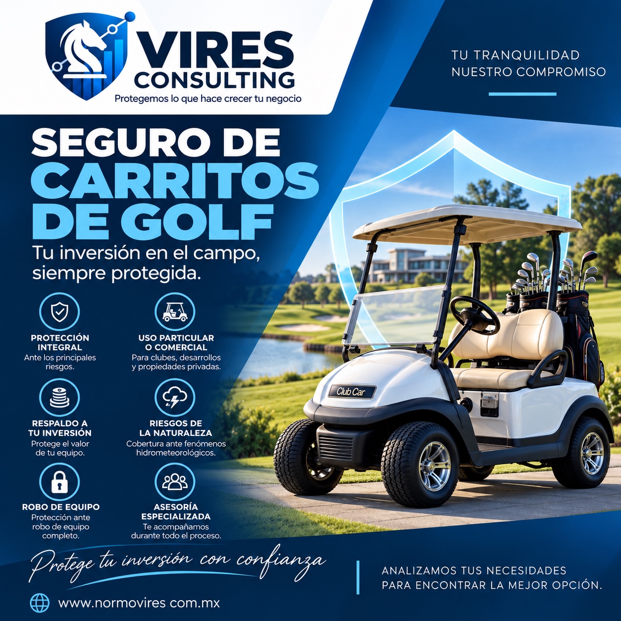 Carrito de golf asegurado en campo de golf